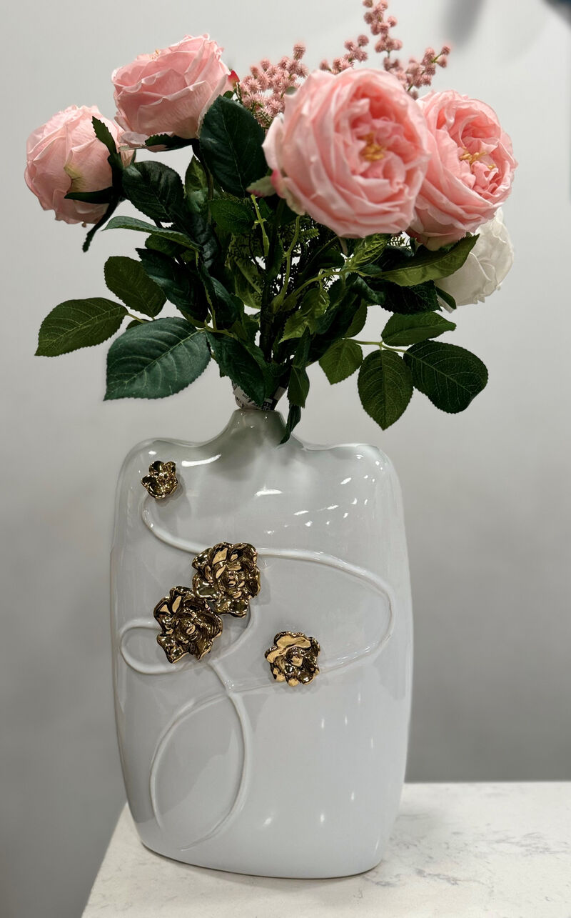 Hivvago 14 Inch White Floral Ceramic Table Vase With Sculptural Details