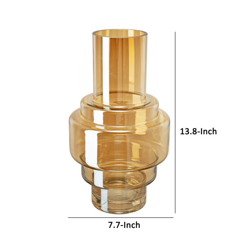 Alma 14 Inch Modern Vase, Geometric Design, Amber Luster Glass Frame-Benzara