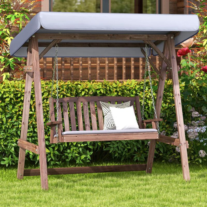 Hivvago 2-Person Porch Swing with Fir Wood Stand and Tilt Canopy