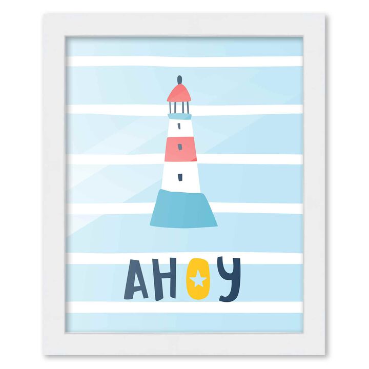 8x10 Framed Nursery Wall Art Nautical Ahoy Lighthouse Poster in White Wood Frame For Kid Bedroom or Playroom