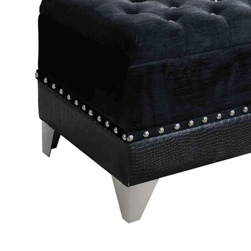 Leatherette Storage Bench with Nailhead Trims and Button Tufted Seat, Black-Benzara