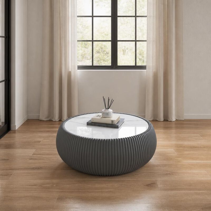 GOODSILO Modern Round Drum Shaped Sintered Stone Top Coffee Table Unique Patterned Accent Furniture For Living Room, Bedroom And Office image number 2