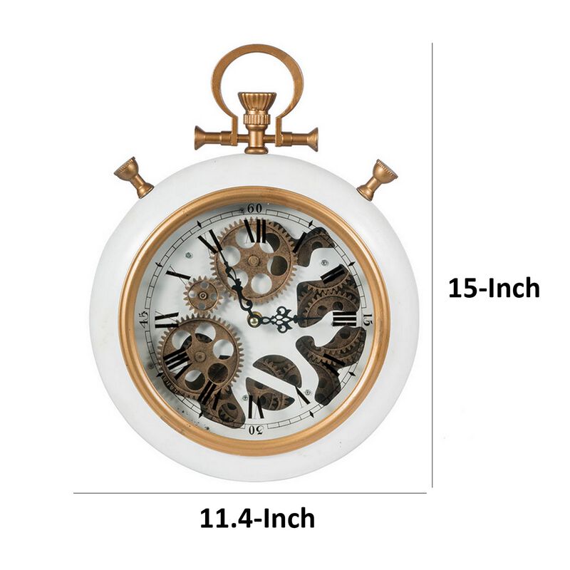 15 Inch Modern Roman Numeral Wall Clock, Iron, Plastic, White, Gold Finish - Benzara