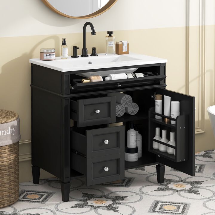 30 in. W Modern Single Sink Bathroom Vanity with 2 Drawers and 1 Tip-Out Drawer