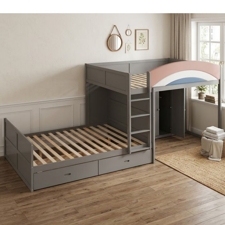Whisen 136" Full Size Offset Bunk Bed with Wardrobe & 2 Drawers, Upholstered Guardrail, MDF Plywood Space Saving Loft Bed for Kids Bedroom