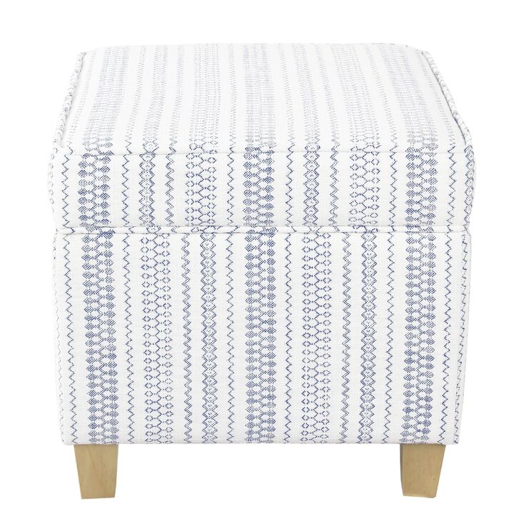 Pyp Square Storage Ottoman, 18 Inch Blue White Striped, Brown Legs