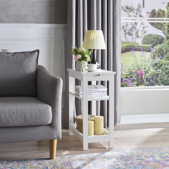 Kings Brand Furniture Slim Wood Side End Table with Storage Shelves & Pull-Out Tray, Nightstand for Bedroom, Living Room