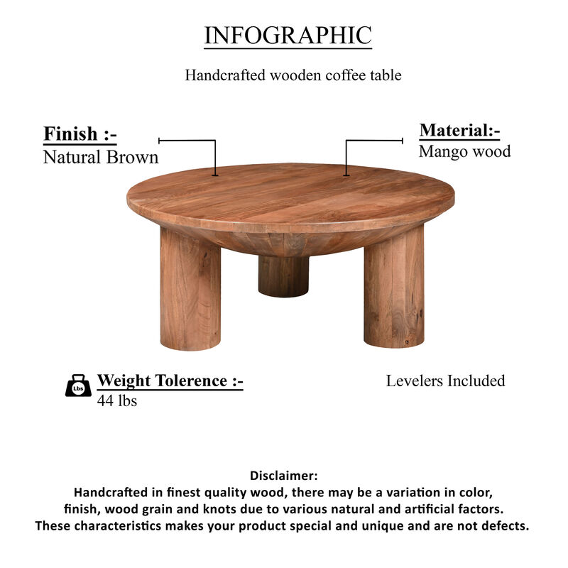 Meridian Coffee Table, 38 Inch Round Top, 3 Column Pillar Legs, Natural Brown Mango Wood image number 5