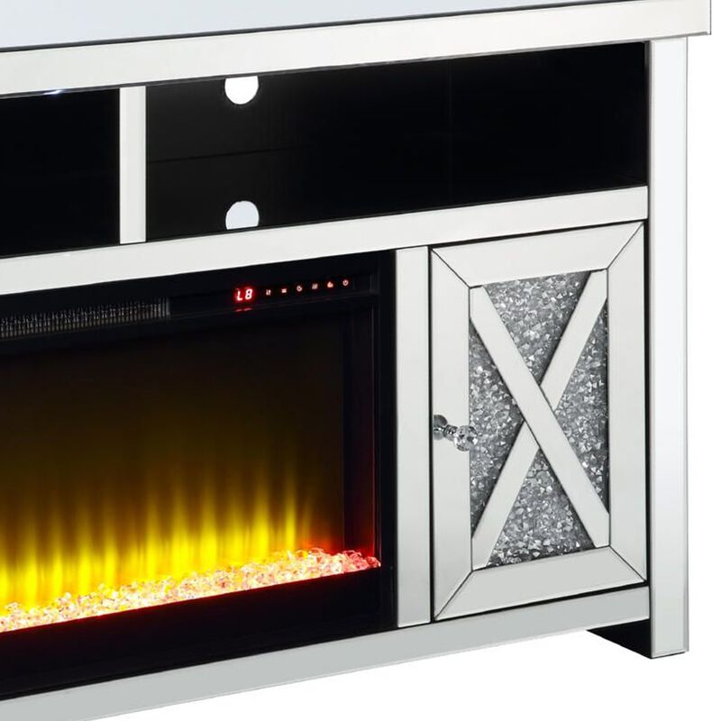 TV Stand with Electric Fireplace and Beveled Mirror Framing, Silver