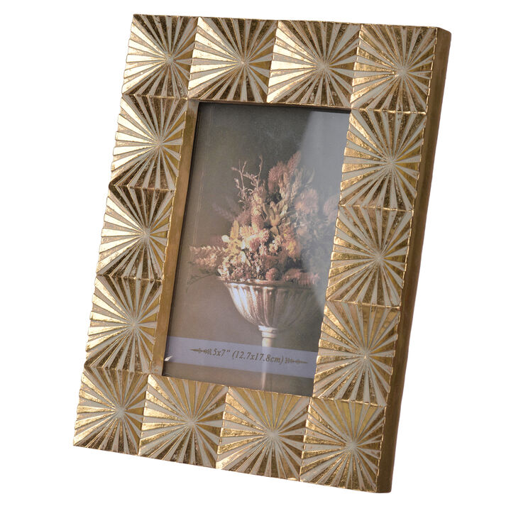 Rectangular Shaped Polyresin Photo Frame with Mirror and Pyramid Like Design , Gold - Benzara