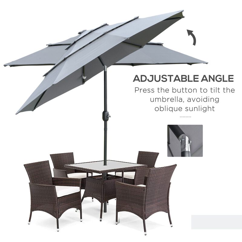 Dark Grey Patio Shield: 9' 3-Tier Outdoor Umbrella with Crank Tilt