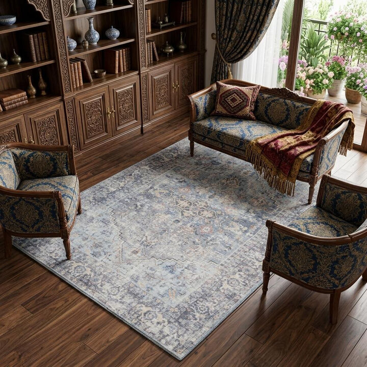 HomeRoots Floral Medallion Power Loom Distressed Washable Area Rug