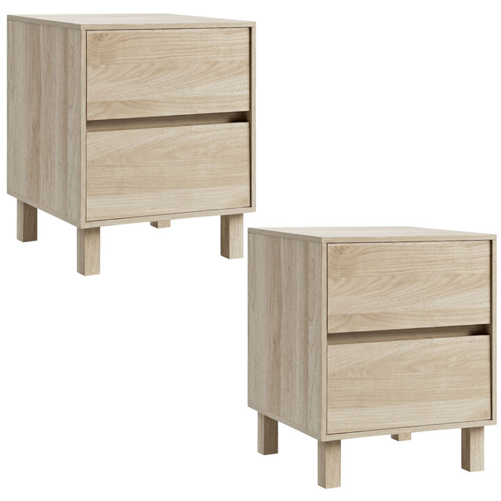 Set of 2 Contemporary Wooden End Tables with Storage Drawers for Sofa and Bedroom Use-Natural