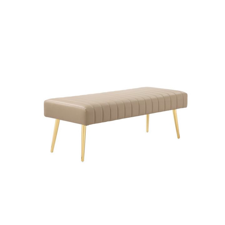 Lida 45 Inch Bench, Modern Tufted Lines, Beige Faux Leather, Gold Metal - Benzara