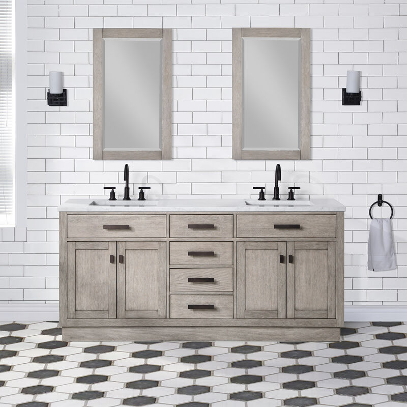 Chestnut 72 In. Double Sink Carrara White Marble Countertop Bath Vanity In Grey Oak with Oil Rubbed Bronze Hardware
