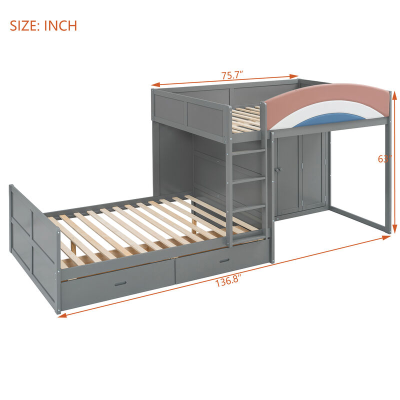 Merax Full Size Offset Bunk Bed with Wardrobe, Drawers & Upholstered Guardrail image number 3