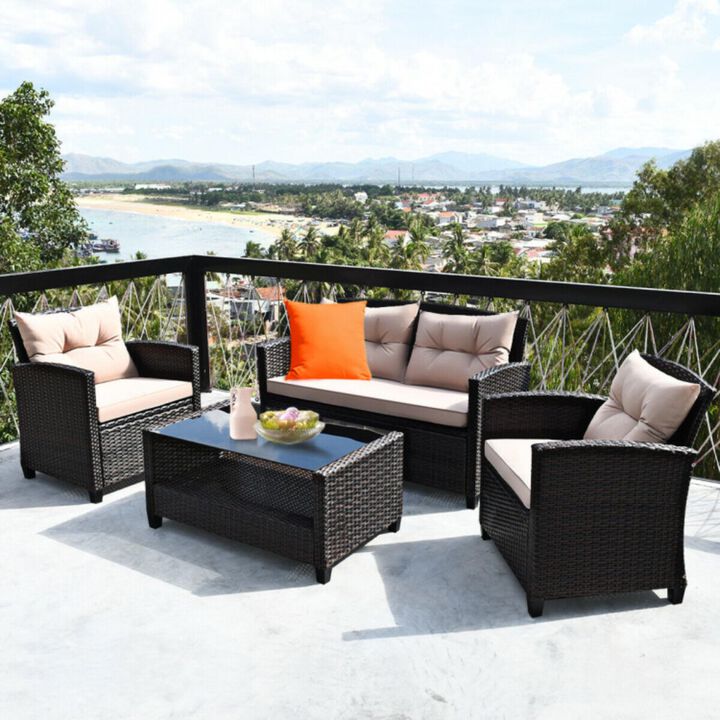 Hivvago 4 Pieces Patio Rattan Furniture Set with Tempered Glass Coffee Table