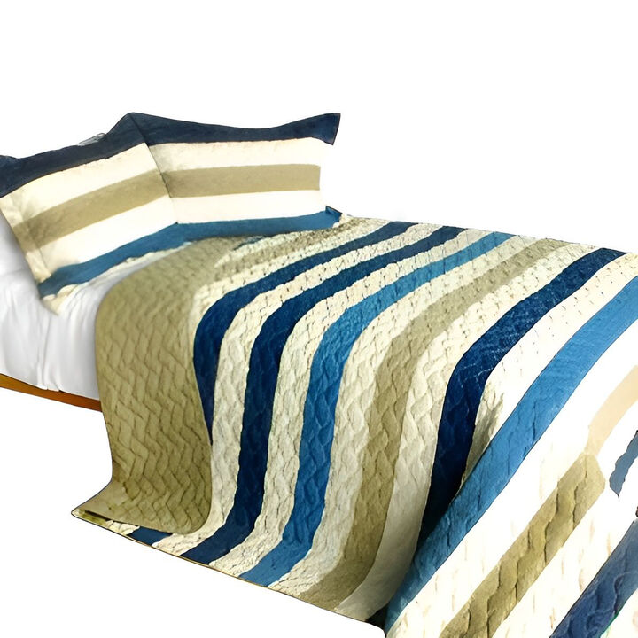 3 Piece Quilted Patchwork Quilt Set, Pure Sea Air Bedroom Bedding Design-Blue