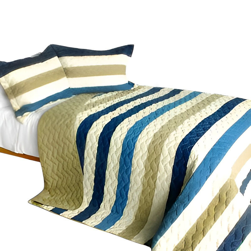 3 Piece Quilted Patchwork Quilt Set, Pure Sea Air Bedroom Bedding Design-Blue image number 1