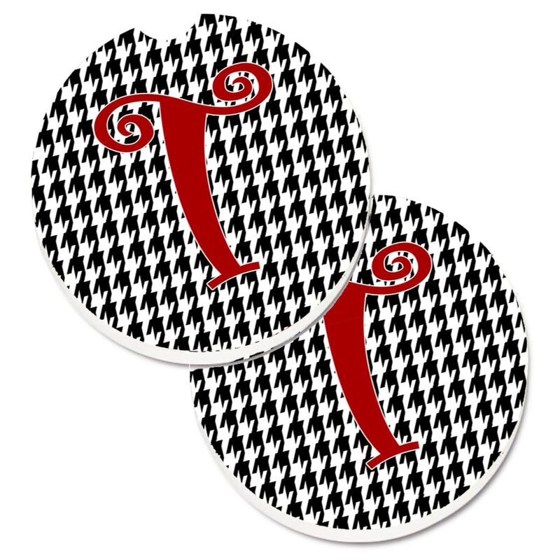 Caroline's Treasures Monogram Initial T Houndstooth black Set of 2 Cup Holder Car Coasters CJ1035-TCARC, 2.56, Multicolor