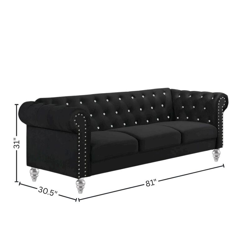 Black Velvet Sofa with Rolled Arms &ndash; Elegant Velvet Couch for Living Room image number 6