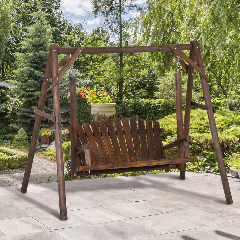 Outsunny 2-Seat Porch Swing with Stand, Wooden Patio Swing Chair Bench, for Garden, Poolside, Backyard, Carbonized