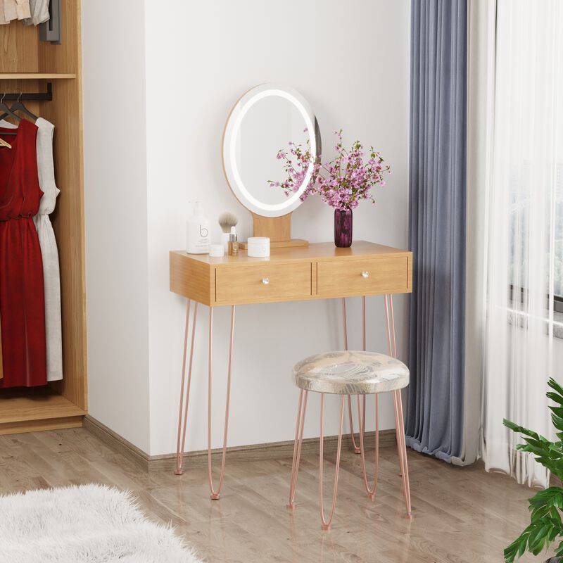 Dressing Table Vanity Set with 3-Color Dimmable Lighted Mirror Makeup Desk with 2 Drawers and Yellow Padded Stool On-Sit