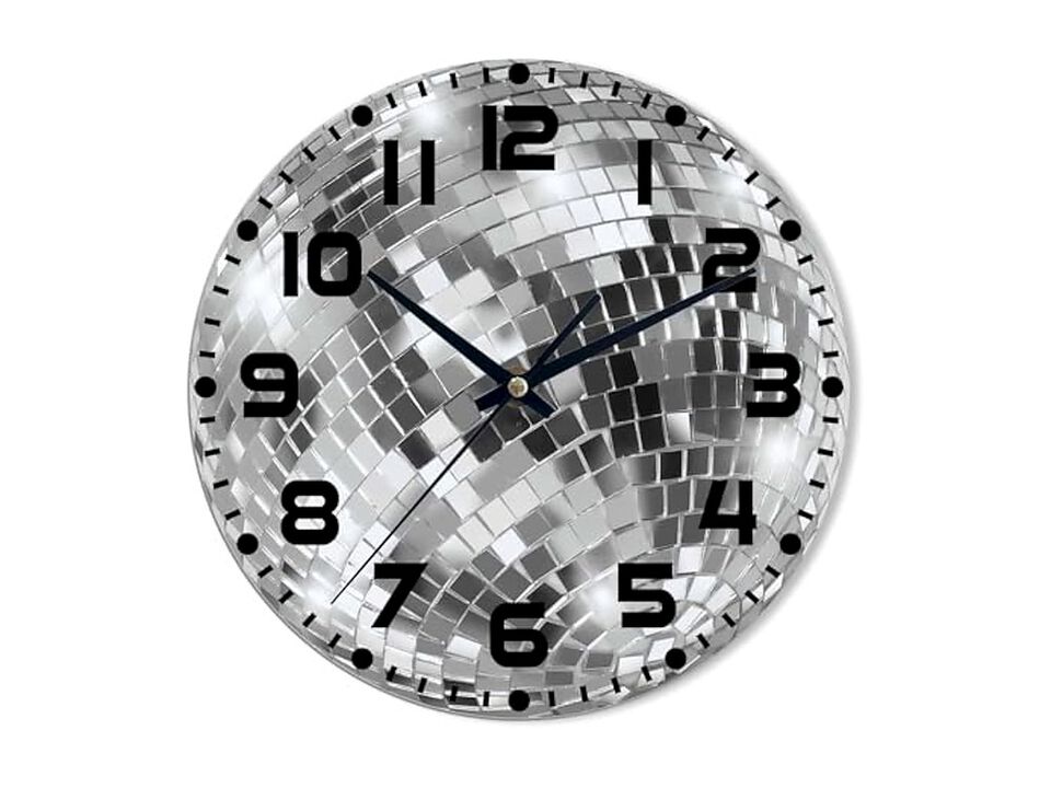 Mirror Ball Black White Gray Wood Wall Clock 10 Inch Silent Non Ticking