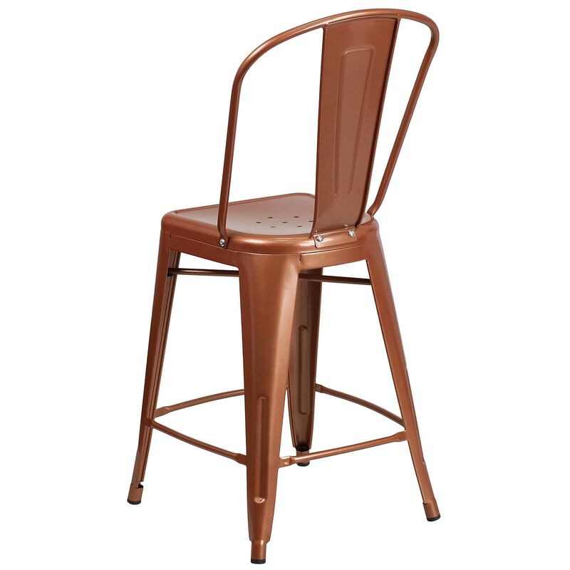 Flash Furniture Carly Commercial Grade 24" High Copper Metal Indoor-Outdoor Counter Height Stool with Back