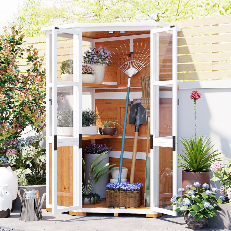 Garden Storage Shed & Mini Greenhouse with Waterproof Roof, Lockable Door & Shelves
