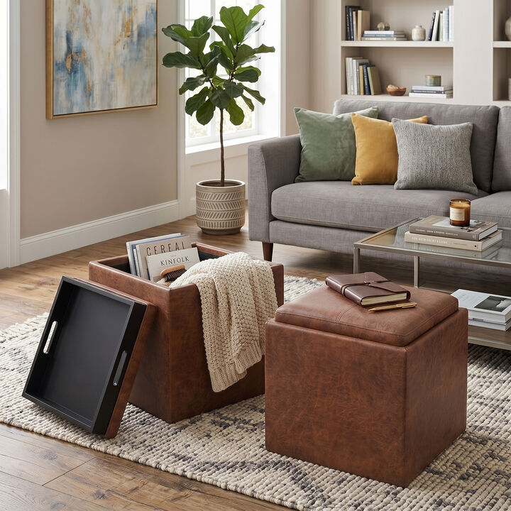 Rockwood 17 inch Wide Contemporary Square Cube Storage Ottoman with Tray in Distressed Saddle Brown Vegan Faux Leather, Assembled