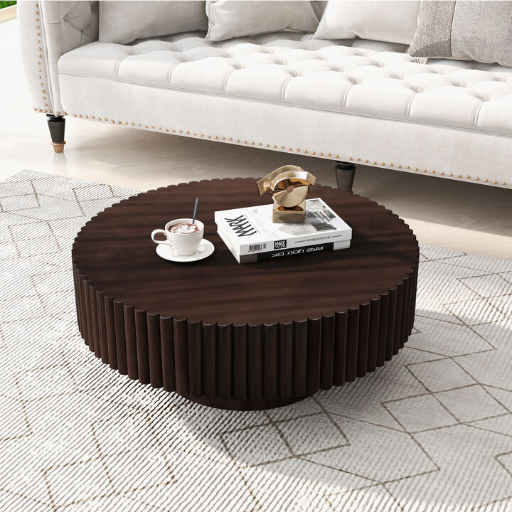 31.5'' Round Wood Coffee Table, Modern Fluted Drum Tea Table, Retro Circle Center Table