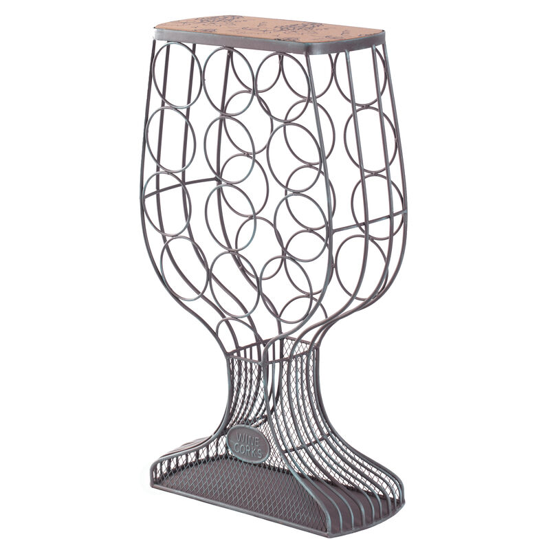 Vintage Decorative Wooden Metal Goblet Shaped Freestanding Wine Rack with Cork Holder
