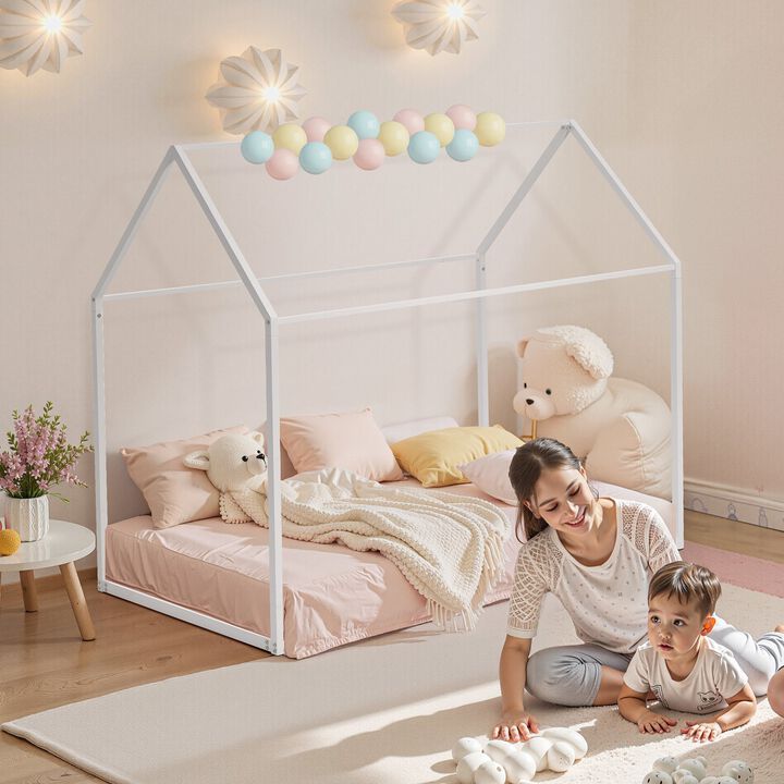 Twin Size House Bed Frame, Metal Kids Floor Bed with Roof, Steel Slats Support, White
