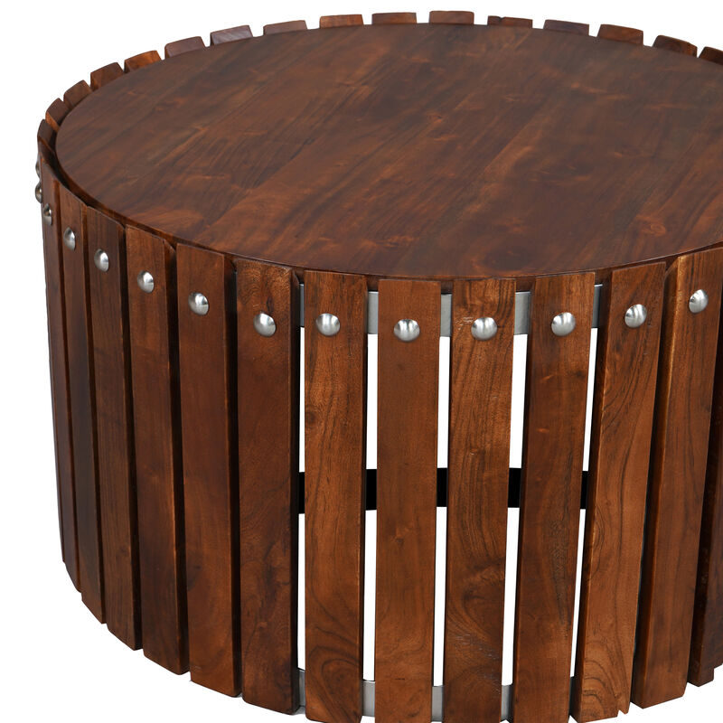 Myla 31 Inch Handcrafted Round Coffee Table with Vertical Planks, Iron Rivets, Dark Walnut Brown Acacia Wood