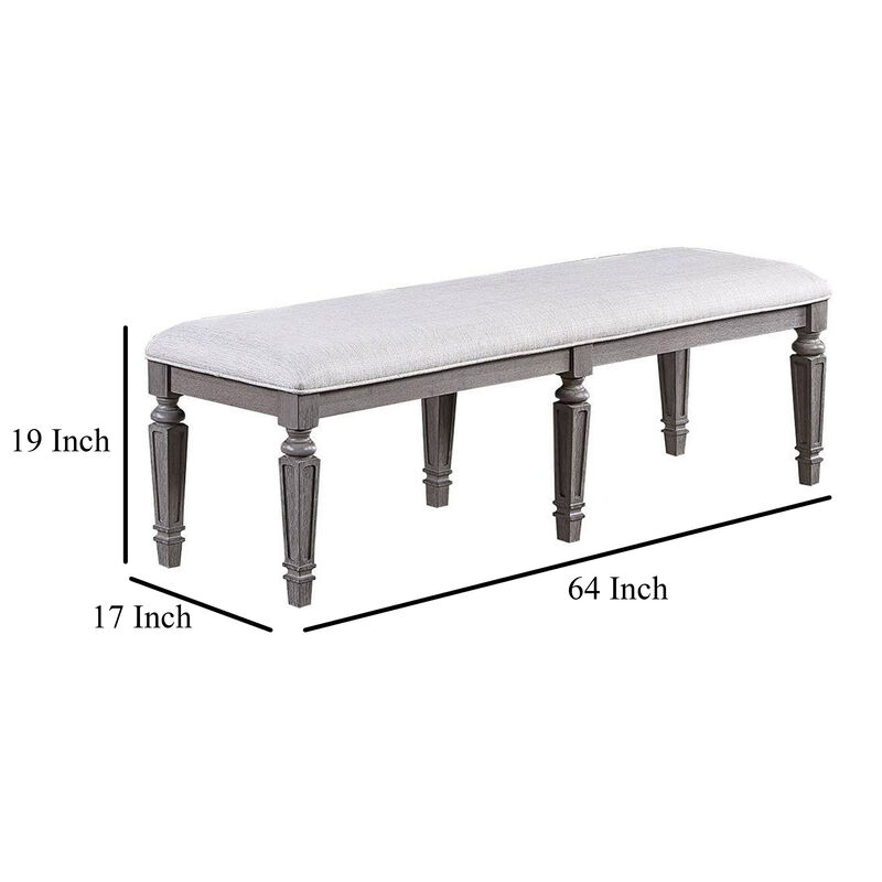 Winie Dining Bench with Turned Legs, 64 Inch Gray Wood and Fabric - Benzara