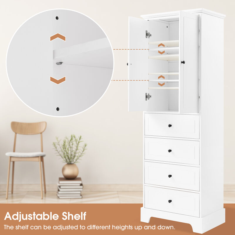 Storage Cabinet with 2 Doors and 4 Drawers for Bathroom, Office, Adjustable Shelf, MDF Board with Painted Finish, White