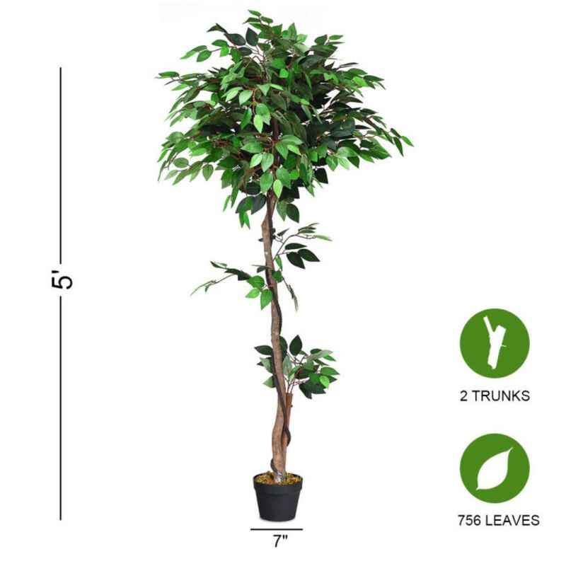 Hivvago 5.5 Feet Artificial Ficus Silk Tree with Wood Trunks