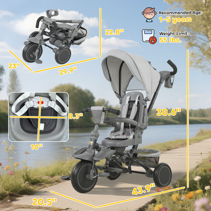 BreeBe 6 in 1 Kids Tricycle with Adjustable Push Handle, Removable Canopy, Reversible Seat image number 2