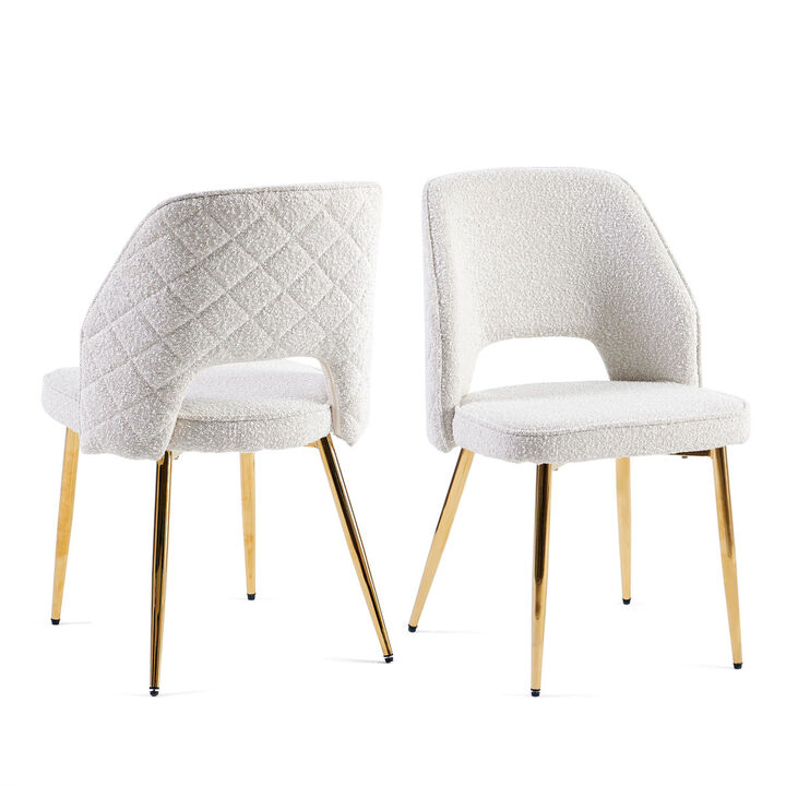 Off White Faux Fur Dinning Chairs with Metal Legs and Hollow Back Upholstered Dining Chairs Set of 4
