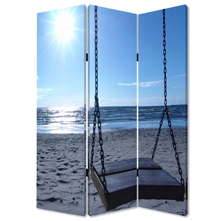Wood Frame Canvas Seaside Serenity Screen for Coastal-Inspired Room Division