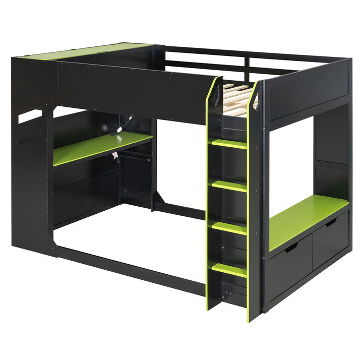 Merax Full Size Wood Loft Bed with Adjustable Desk, RGB Light, Storage Cabinet