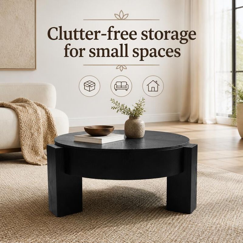 GOODSILO 33 Inch Round Coffee Table With Hidden Storage, Modern Sturdy Accent Table For Living Room Small Spaces image number 4