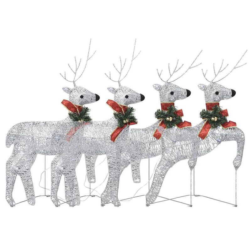 Outdoor 4 Reindeer Christmas Decor, 80 Cool White LEDs, Silver Metal - Benzara