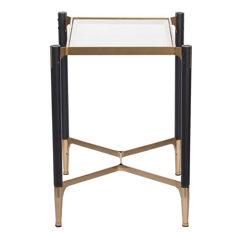 24 Inch Accent Side Table, Iron Frame, Glass Top, Modern, Gold, Black