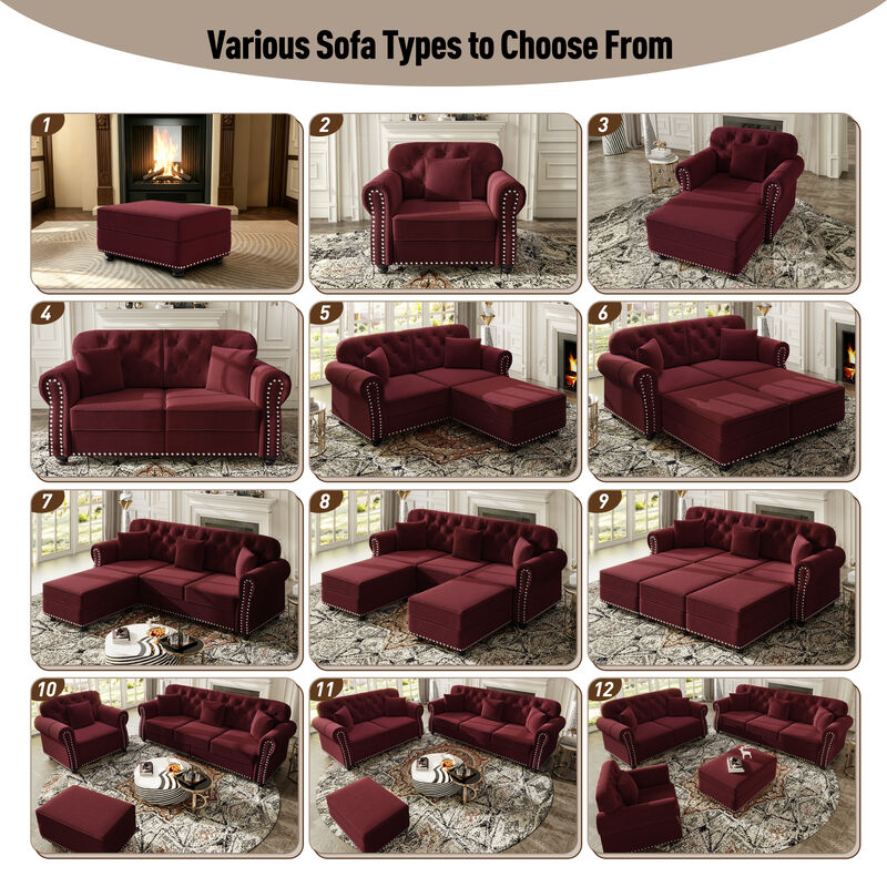 63" Upholstered Velvet Sofa with Nailhead Trim and Rolled Armrests, Mid-Century Modern Chesterfield Sofa image number 8