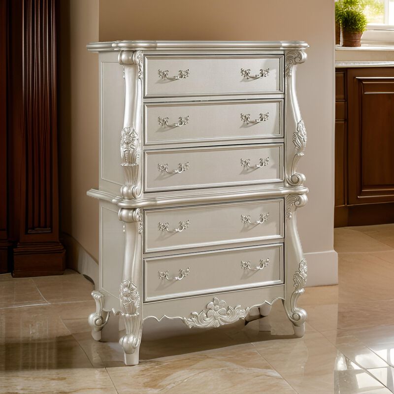 Bowe Tall Dresser Chest, 5 Drawer, Scrolled Champagne Gold Wood Finish - Benzara