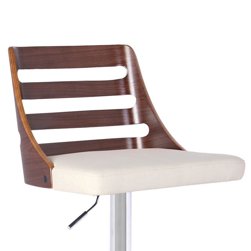 Swivel Wooden Cut Out Back Barstool with Pedestal Base, Cream and Chrome - Benzara