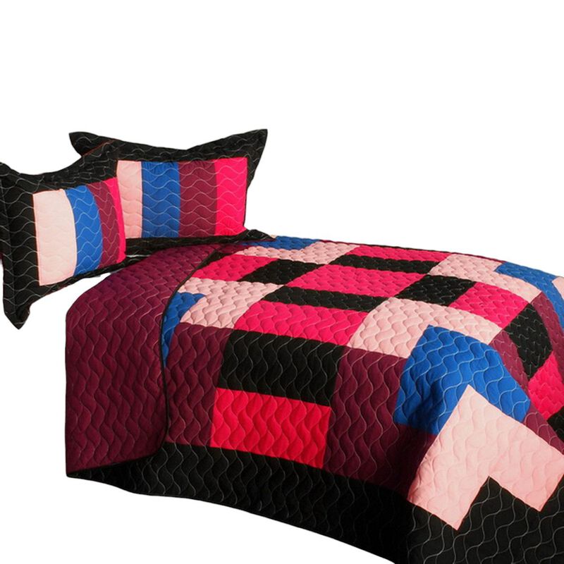 3 Piece Queen Size Quilt Set with Vermicelli Quilted Patchwork Design for Bedroom-pink image number 1