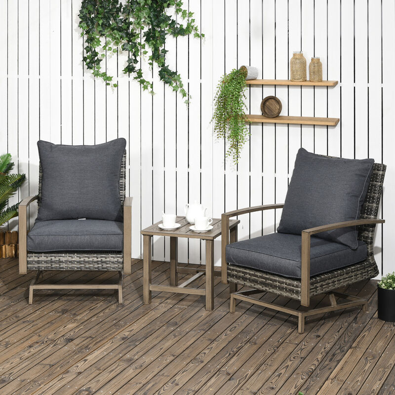 Outsunny 3-Piece Patio Wicker Bistro Set with Cushions, Aluminum Frame Outdoor PE Rattan Conversation Furniture with 2 Rocking Chairs, Slat Top Coffee Table for Porch, Backyard, Garden, Dark Gray
